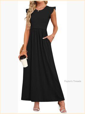 Ruffle Sleeve Maxi Dress with Pockets Crewneck Long Dress Casual